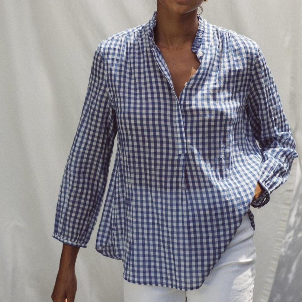 Trovata Birds of Paradis Navy Blue Gingham Ruffle Collar Cotton Shirt Large